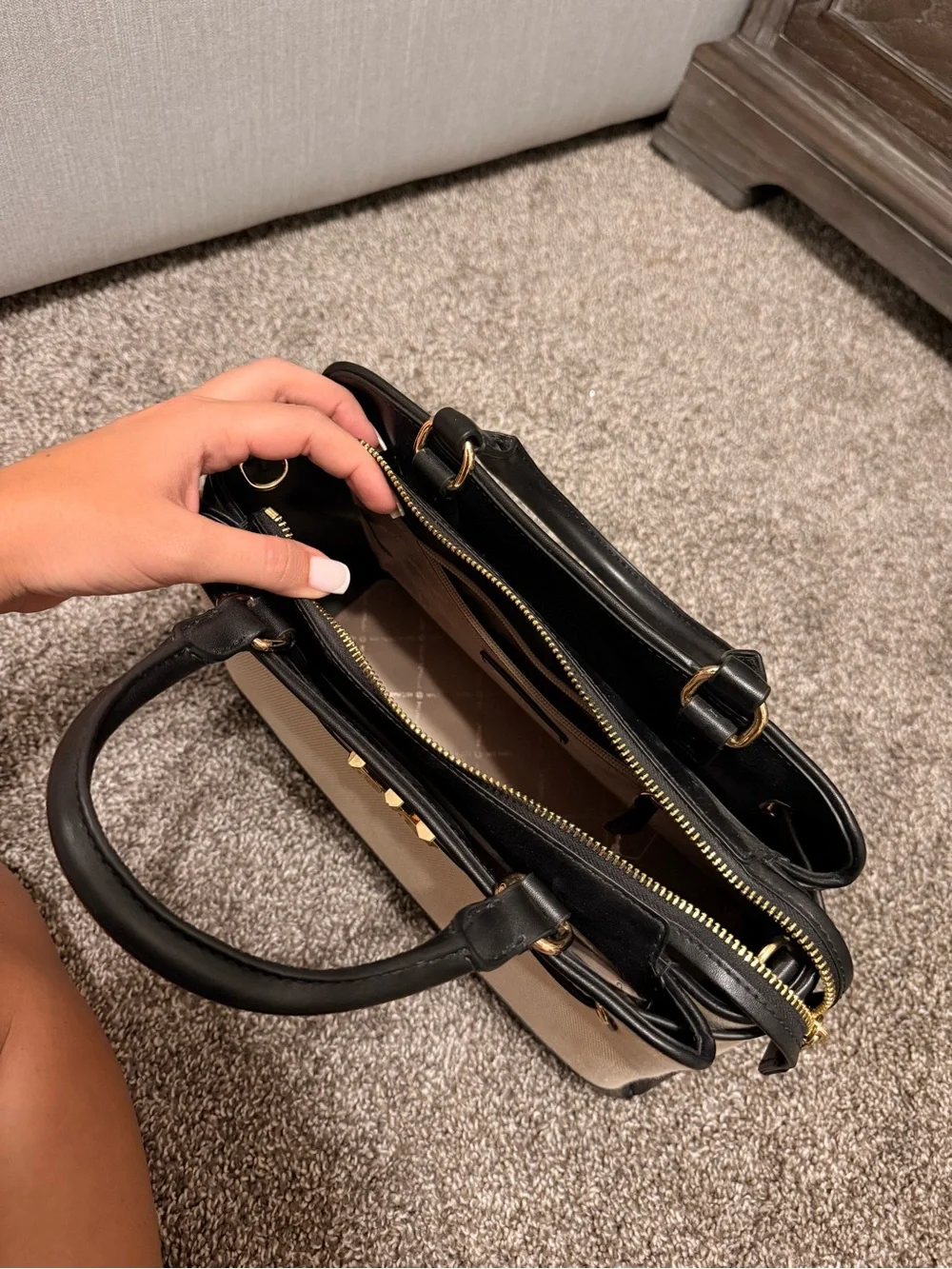 Michael Kors Cream Canvas and Black Leather Satchel with Gold MK Hardware